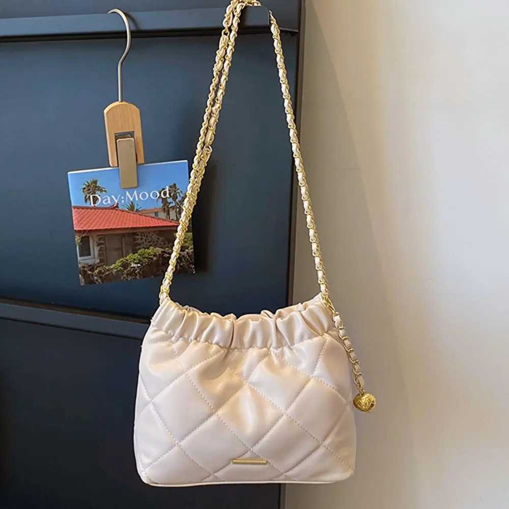 New Women Girls PU Leather Pleated Plaid Crossbody Bag Bucket Bag Large Capacity Tote Handbag Underarm Bag Shoulder BagW251117