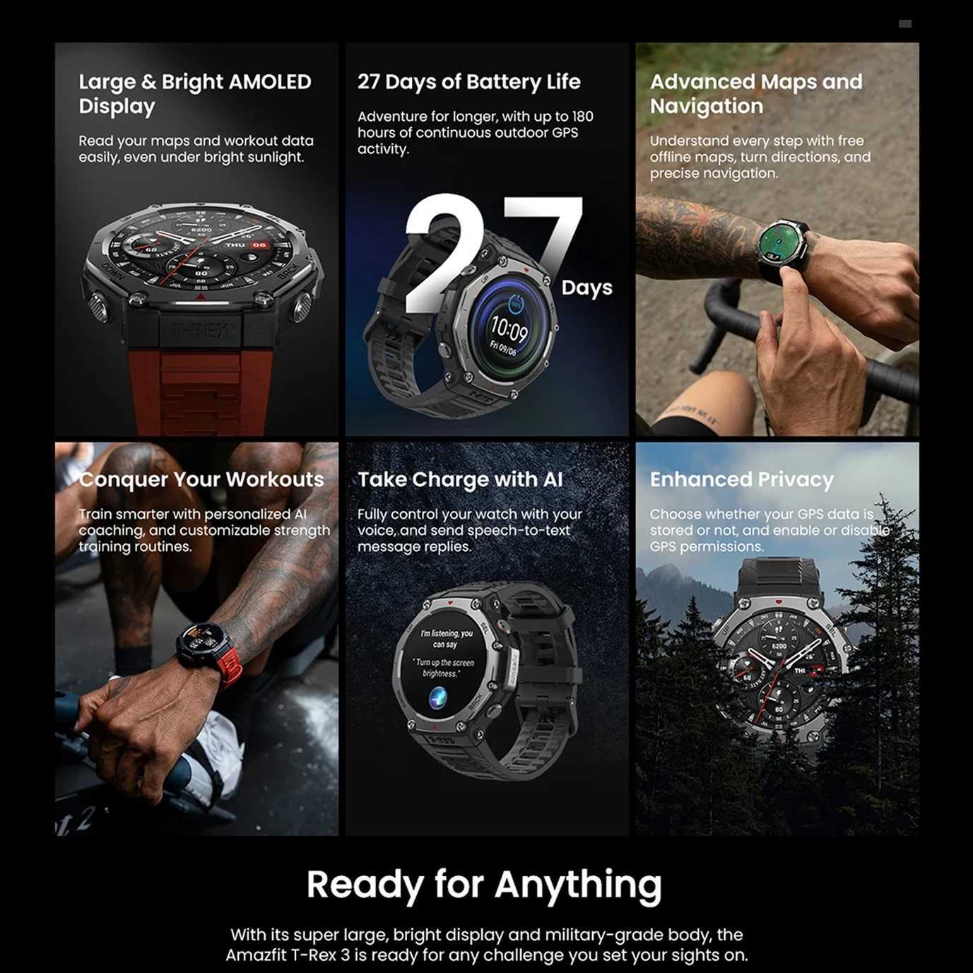 For Amazfit T-Rex 3 Outdoor Swim Smartwatch AMOLED Display 6 Satellite Systems Dual Band GPS 170 Sports Phone Call Smart WatchesM251117