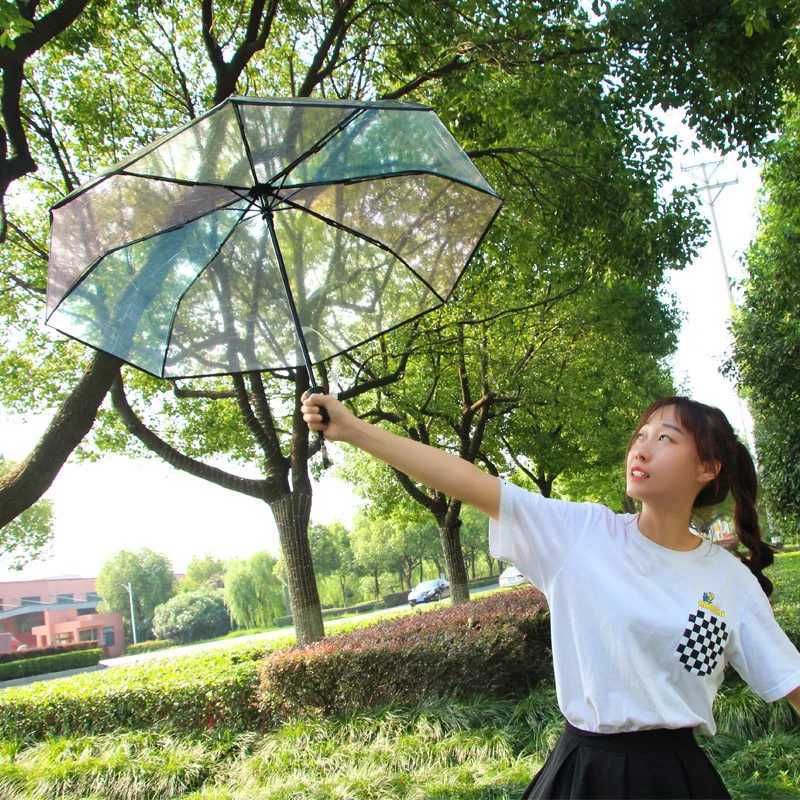 Transparent Plastic Three Fold Women Rain Umbrella Automatic Rainbow Umbrellas For Girls Outdoor Hiking Windproof Parosal C251117