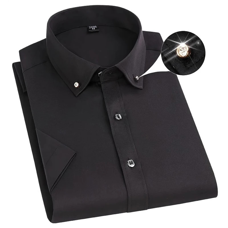 Fashion Formal Blue Shirt For Mens Short Sleeved Slim-Fit Business Classic Basic Diamond Button Wedding Social Shirts Male 250417