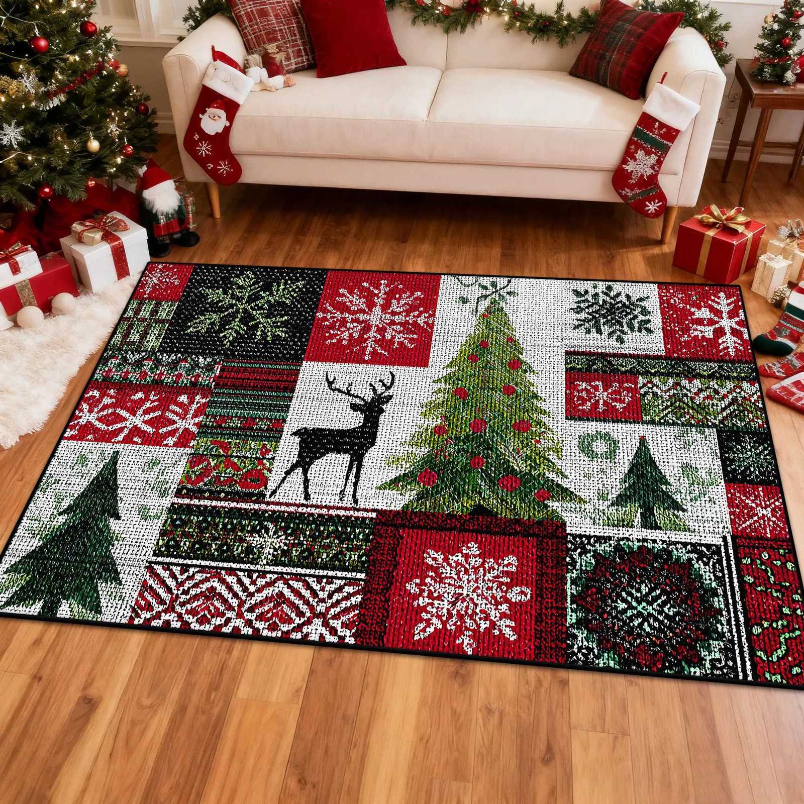 Red Grid Christmas Rugs Living Room American Decoration Sofa Table Carpet Customizable Kids Bedroom Bedside Non-slip Floor MatsM251117