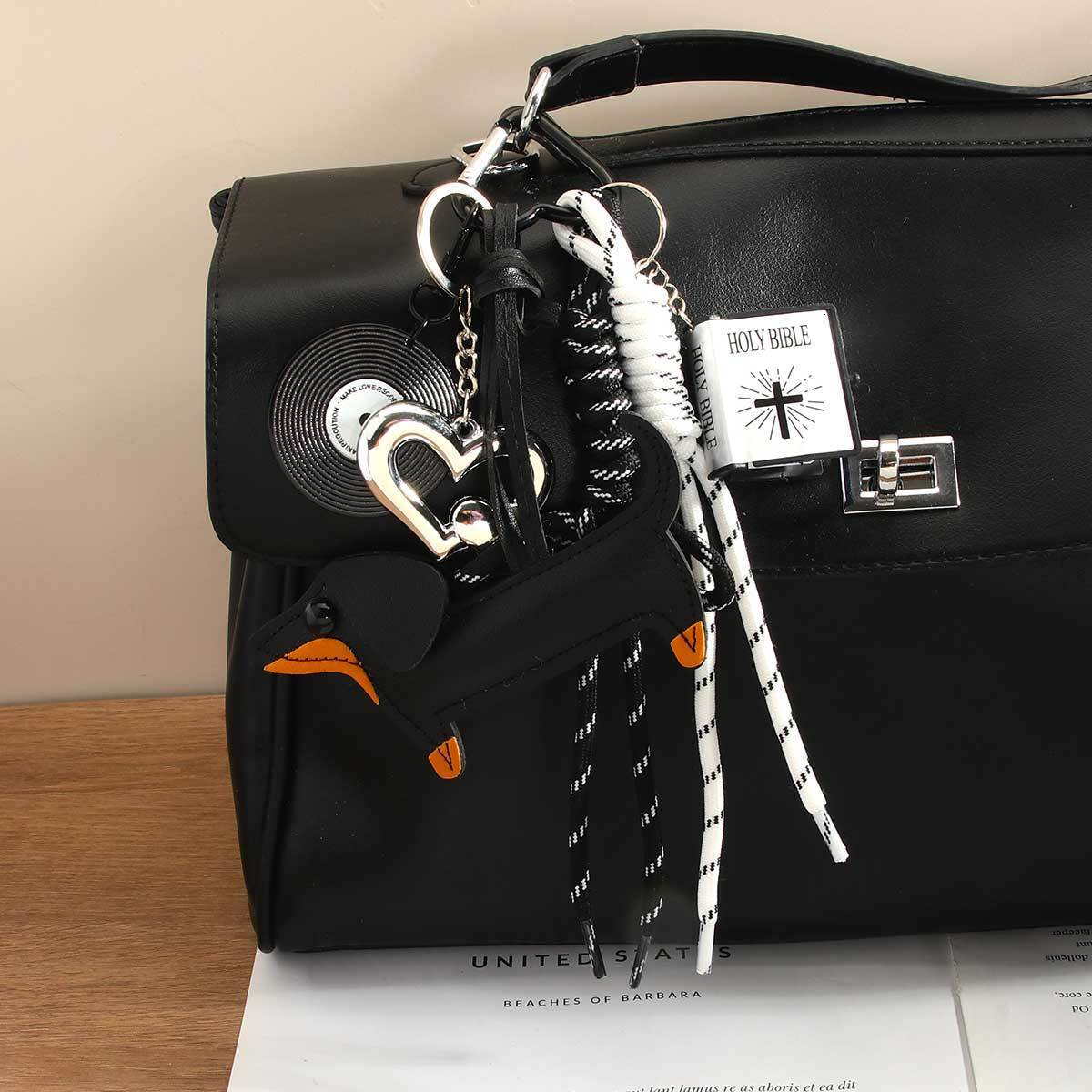 designer bag charm fashion series retro pu dachshund dog small book heart tennis ball braided rope bag pendant keychain wholesale - view 3