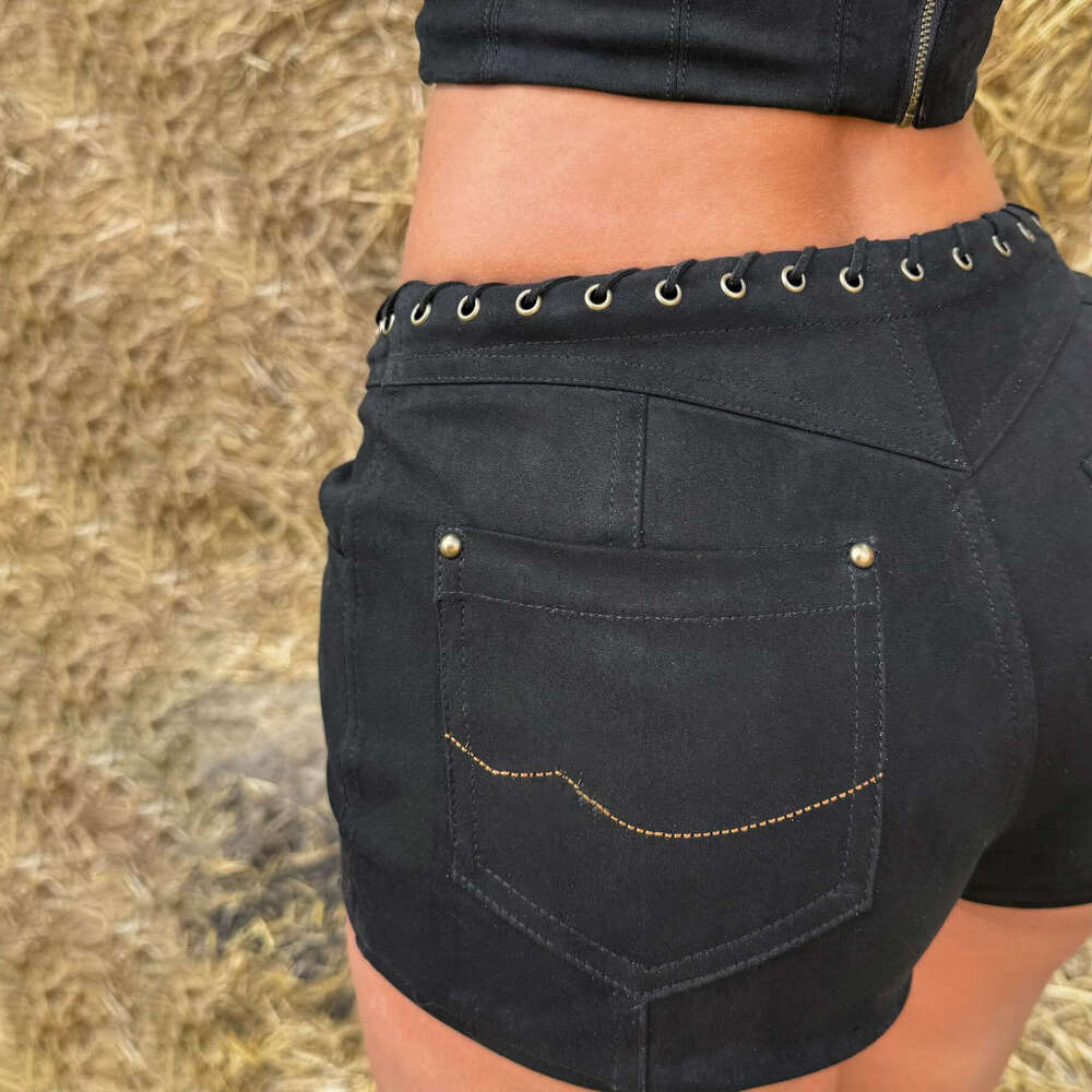 New Women's Fashion European American High Street Sexy Cool Black Slim Tie-Up Crop Top And Shorts Two-Piece Set For Women B5