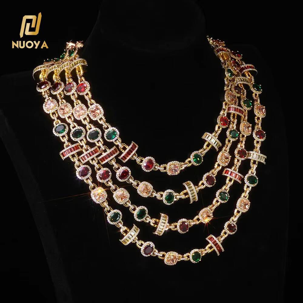 Laboratory cultivation of Moissanite Luxury Geometric Design Link Chain Necklace New Arrival Gold Plated Colored Zircon Stones Hip Hop Fine Jewelry