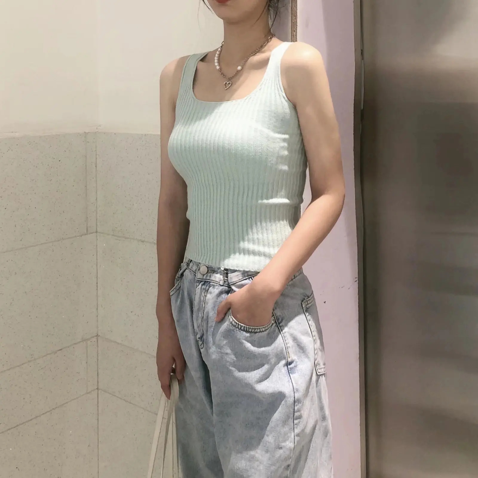 Knitting Square Collar Crop Top Woman Summer Camisole Slim Cotton Cropped Vests Casual Simple Streetwear Tank Tops Camis Chic 250417