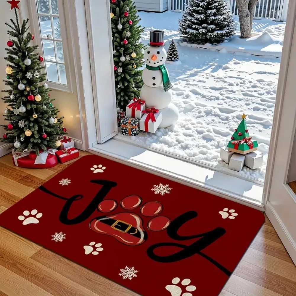 1 pcs Christmas Red Paw Print and Snowflake JOY Pattern Doormat Machine Washable Perfect for Entrance Living Room HallwayM251117
