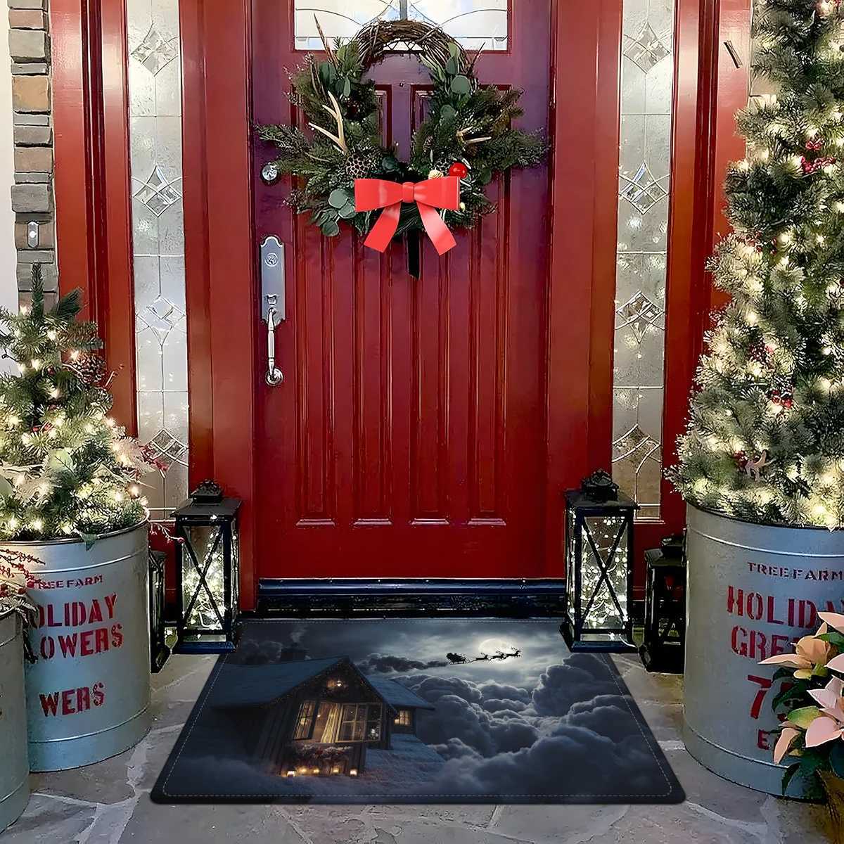 Snowy Night Christmas Door Mat Carpet Santa Sleigh Snowman Design Plush Thick Polyester Non-Slip Front Door Living Room DecorM251117