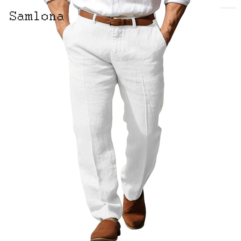 Men's Pants 2025 Men Elegant Stand Pockets Cotton Linen Solid White Black Ankle-Length Trouser Plus Size Mens Casual Straight