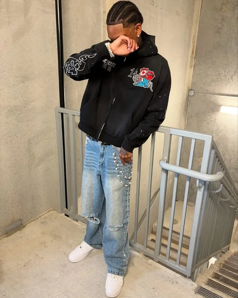 Y2k American Clothing Goth Hip Hop Rock Cartoon Letter Print Hoodie Men Goth Retro Casual Oversized Zipper Sweatshirt Women 250415