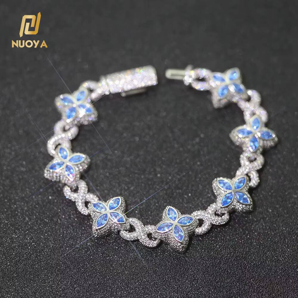 Laboratory cultivation of Moissanite New Style 8mm Hip-Hop Jewelry Colorful Four Leaf Clover Chain Silver Plated Brass 5A Zircon Cuban Chain Bracelet 
