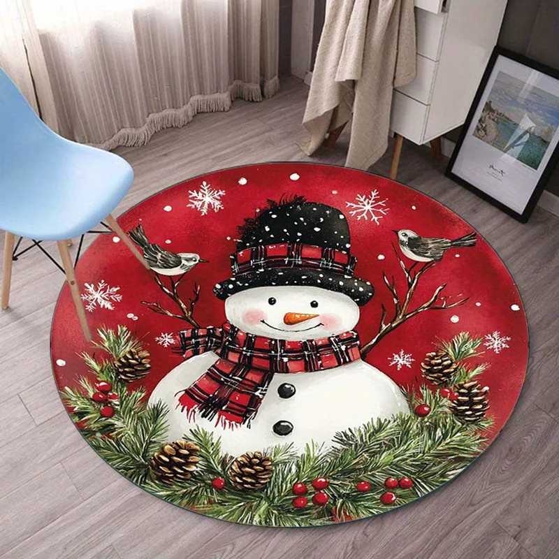 Snowman Christmas round rug red plaid hat winter holiday decor festive floor mat kids room decoration seasonal gift for homeM251117
