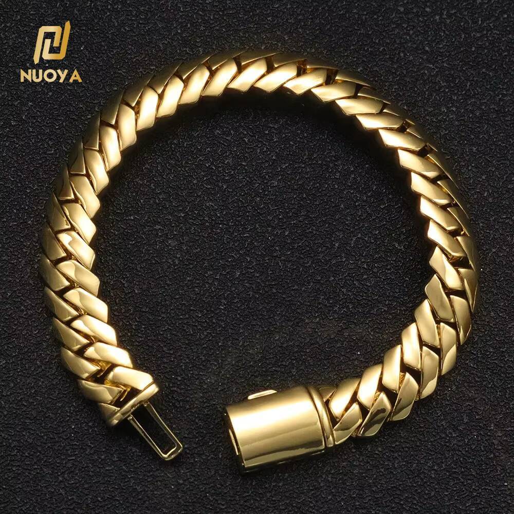 NUOYA 12mm Miami Cuban Link Chain 18K Gold Plated Brass Hip Hop Jewelry Custom Rapper Mens Bracelet Gift