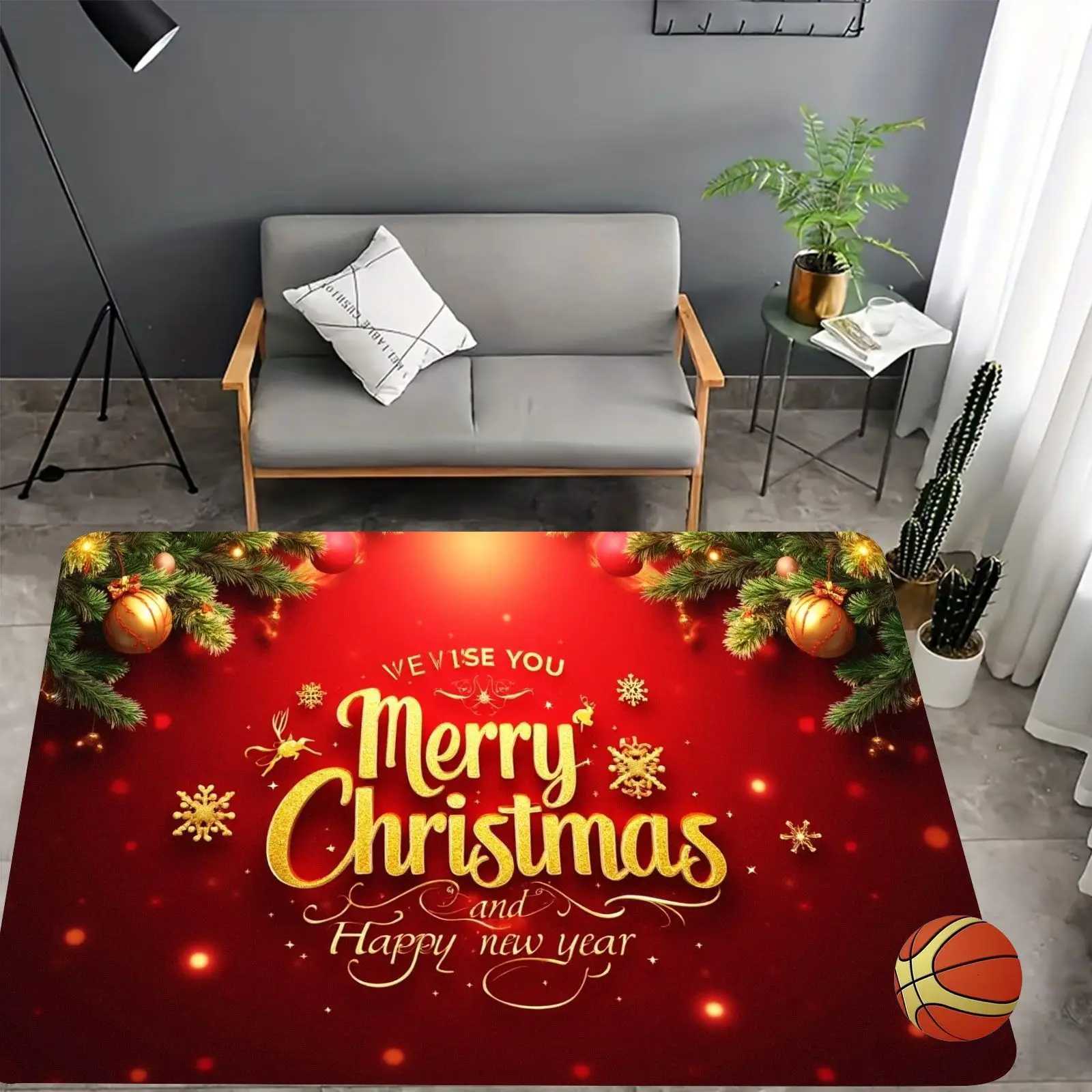 Christmas New Year Doormat Carpet Red Golden Merry Christmas Print Non-Slip Polyester Machine Washable for Home Entrance DecorM251117