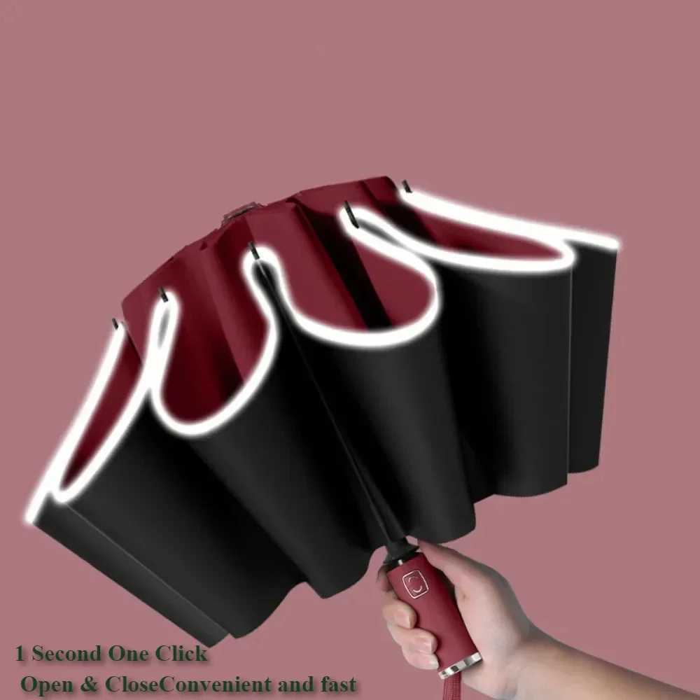 Folding Automatic Umbrella Business UV Protection Sunshade with Led Lighted Windproof Reflective Stripe Rain Umbrella Reverse C251117