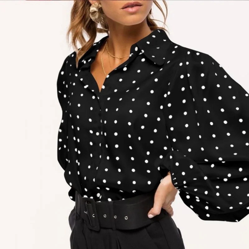 Vintage Polka Dot Lantern Sleeve Women Shirt Fashion Long Sleeve Casual Blouses Office Lady Elegant Tops 250417