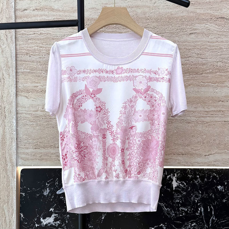 Women's Floral Print Silk T-Shirt Fashion Round Neck Multi-Color Loose Short Sleeve Top High-Quality Trendy Sexy Streetwear Luxury Designer Knit 
