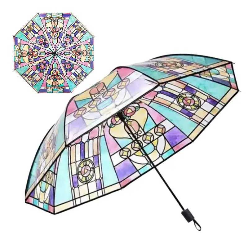 Vintage Stained Glass Automa Umbrella Glass Painted Transparent Vintage Parasol Portable Automatic Opening Folding Umbrella C251117