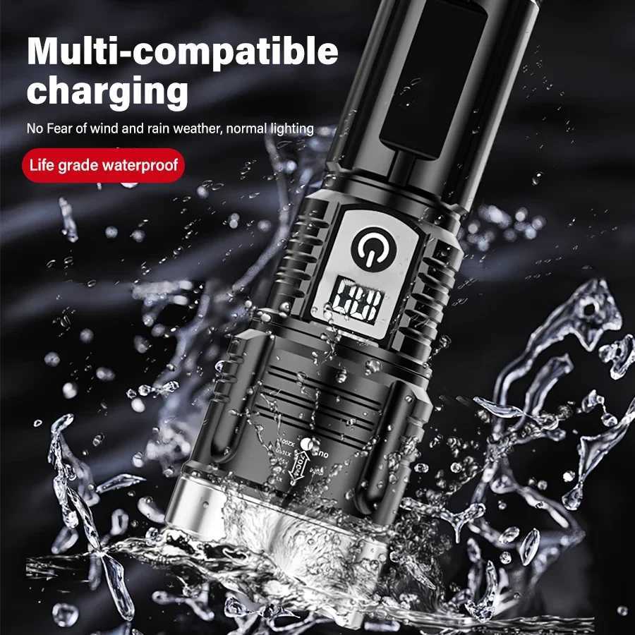 High Strong Power Led Flashlights Tactical Emergency Spotlights Telescopic Zoom Built-in Battery USB Rechargeable Camping Torch M251117