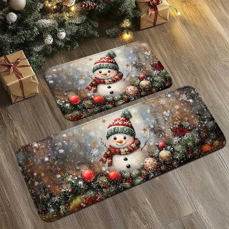 VIKAMA 1PC/2PC Christmas Doormat Snowman Holly Berries Festive Holiday Entrance Mat with Snowflakes Machine WashableM251117