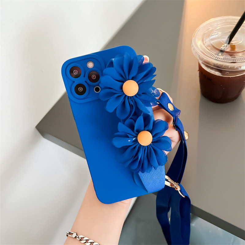 Klein Blue Daisy Phone Case Compatible with iPhone 17 Pro Wrist Strap Crossbody Protective Case iPhone 16/15 11 Soft