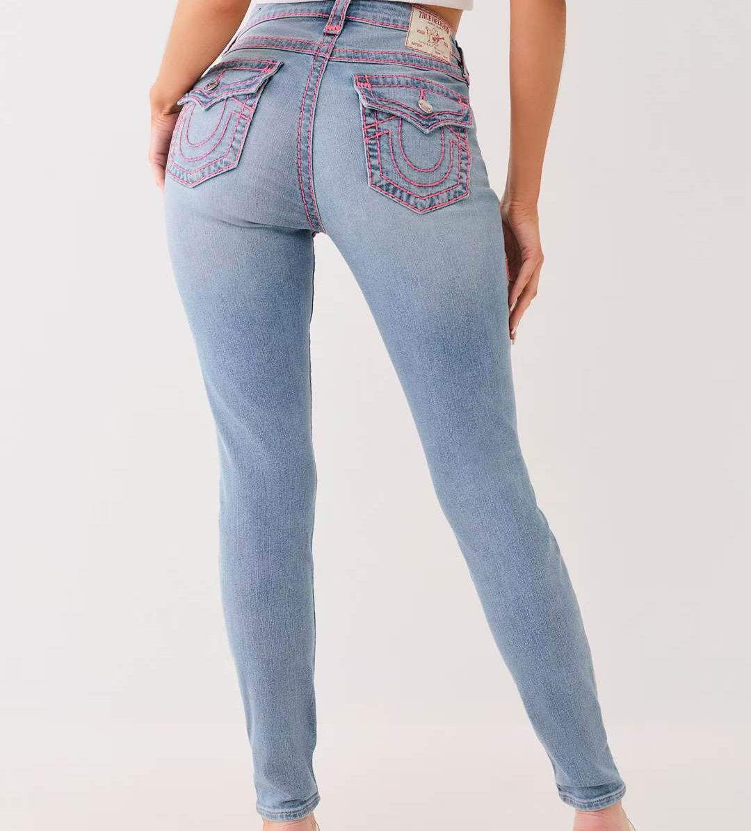 Classic Designer Relgions Denim Jeans For Womens True Y2k Embroidery High Street Hot Girl Low Waist Slim European American Style Skinny Pants Pink Line Long Pants