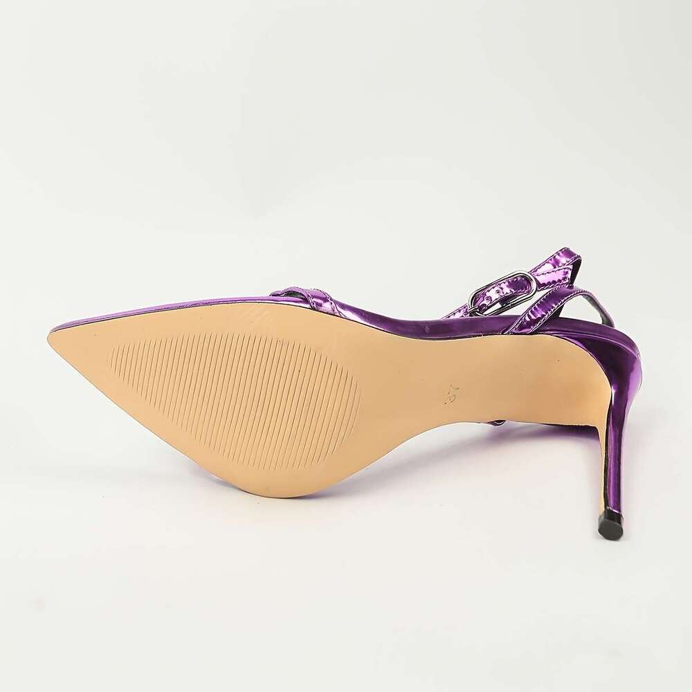 Women's Pointed Toe Ankle Strap Stiletto Heel Mettalic Purple Laced Up Strap Sandals