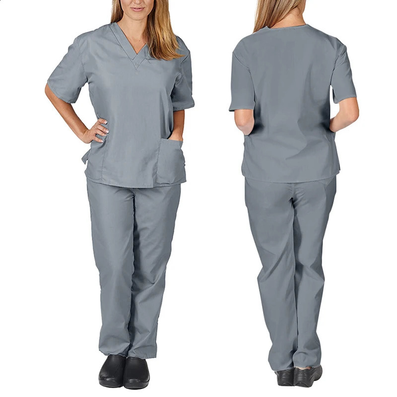 Solid Color V-Neck Short Sleeve Nurse Workers Uniform Women Hospital Doctor Nursing Workwear Set Dental Surgery Clothes 250415