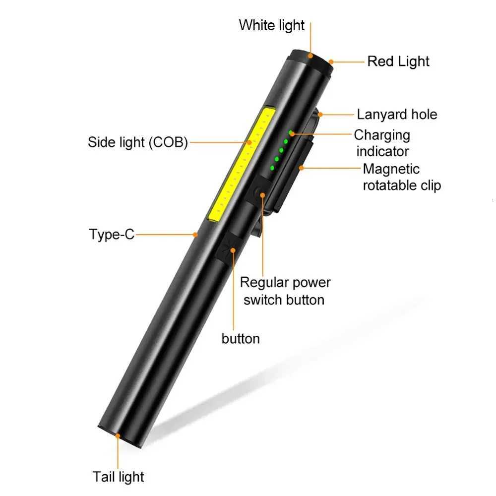 Multifunctional 4 in 1 LED Flashlight Mini USB Rechargeable 800mah Pen Clip Flashlight 365nm UV Light COB Camping Work Repair M251117