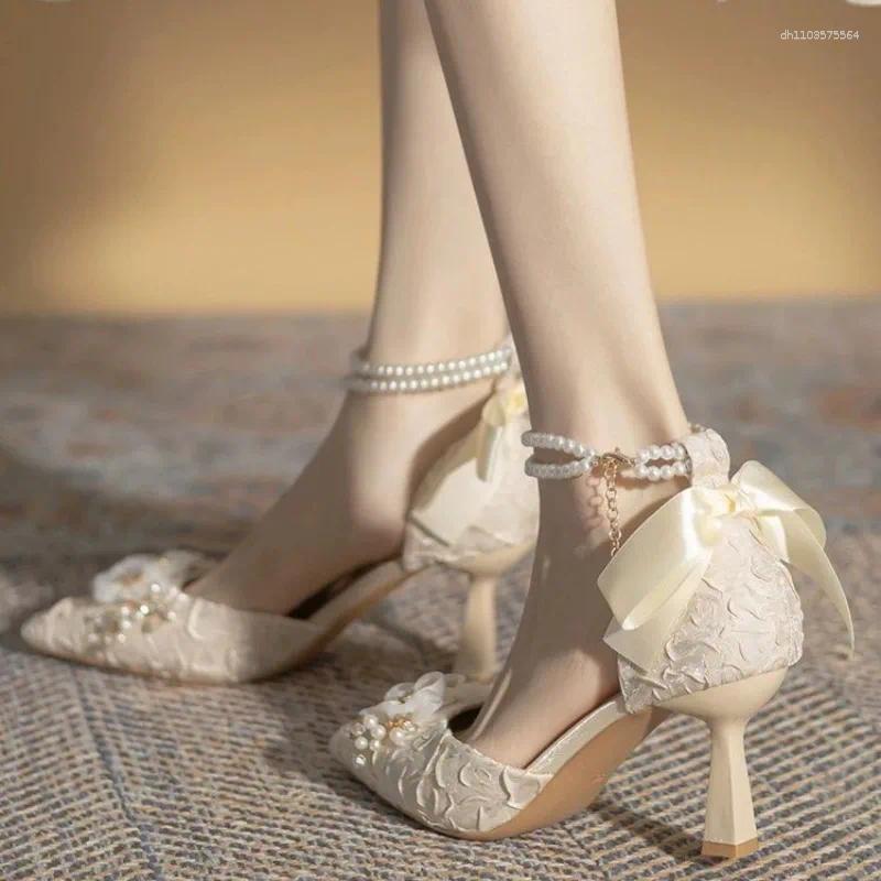 Dress Shoes Pearl Ankle Strap Bow Heels Designer Stiletto High Women Pumps Wedding Bride Ladies Party Prom