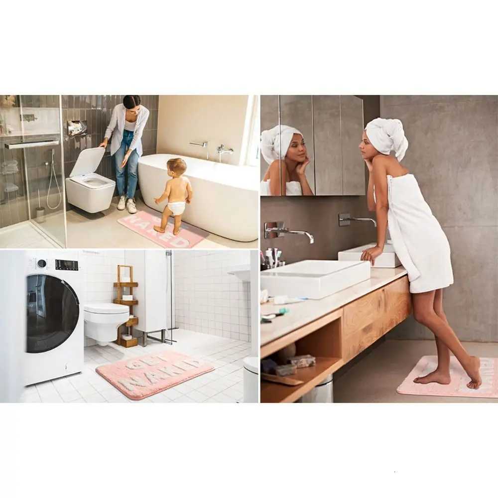 Pink and White Bath Mat Cute Non Slip Get Naked Bathroom Rugs Machine Washable Super Absorbent Floor Carpet Tub Shower BedroomM251117