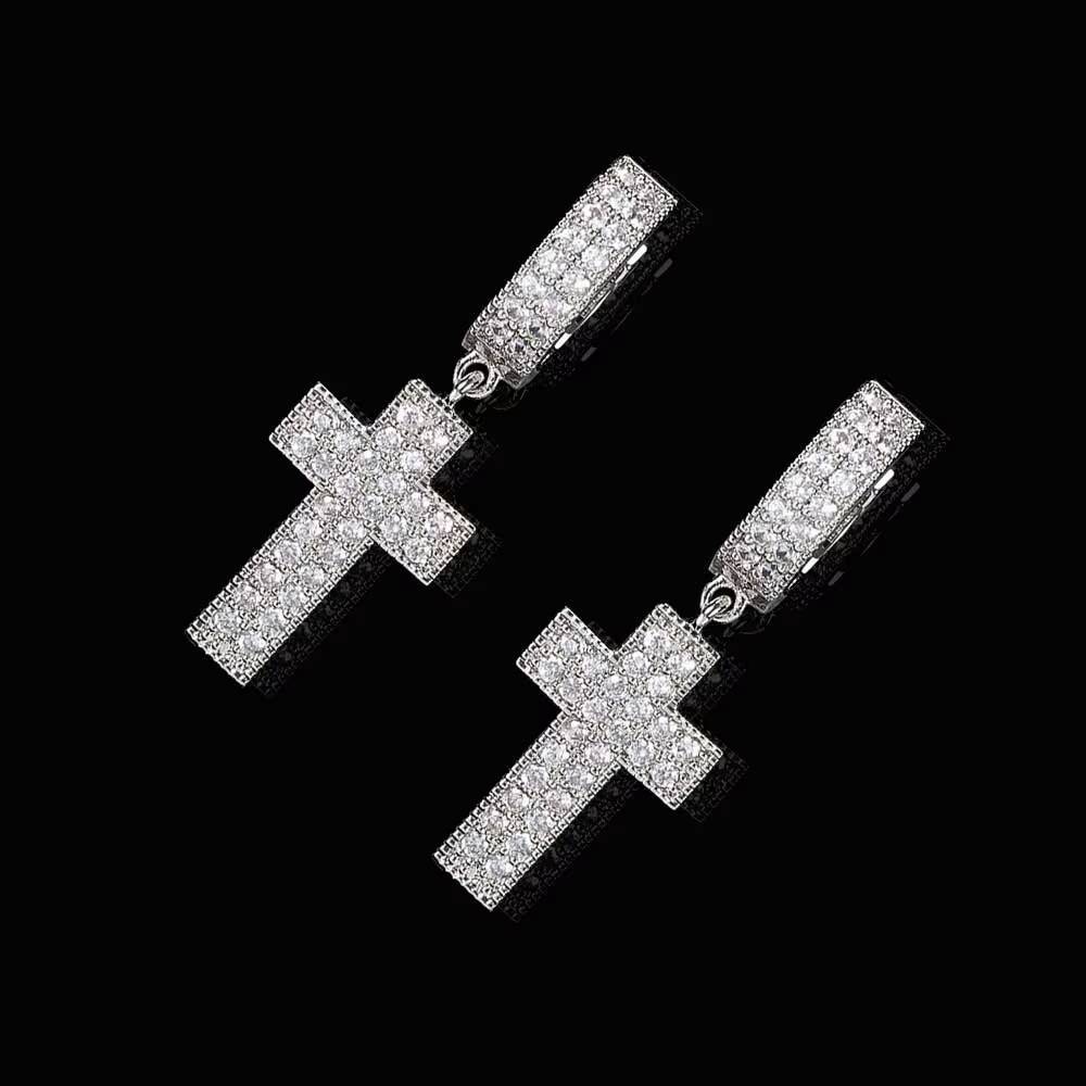 Laboratory cultivation of Moissanite Womens Iced Out Hip Hop Cross Earrings Fine Jewelry Shiny Diamond CZ Hoop Earrings