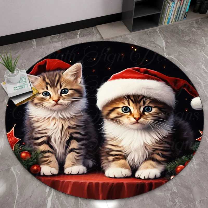 Cute Christmas Kittens Round Rug Plush Floor Mat Pet Lover Gift Animal Print Home Decor Festive Holiday DecorationM251117