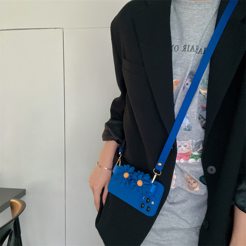 Klein Blue Daisy Phone Case Compatible with iPhone 17 Pro Wrist Strap Crossbody Protective Case iPhone 16/15 11 Soft