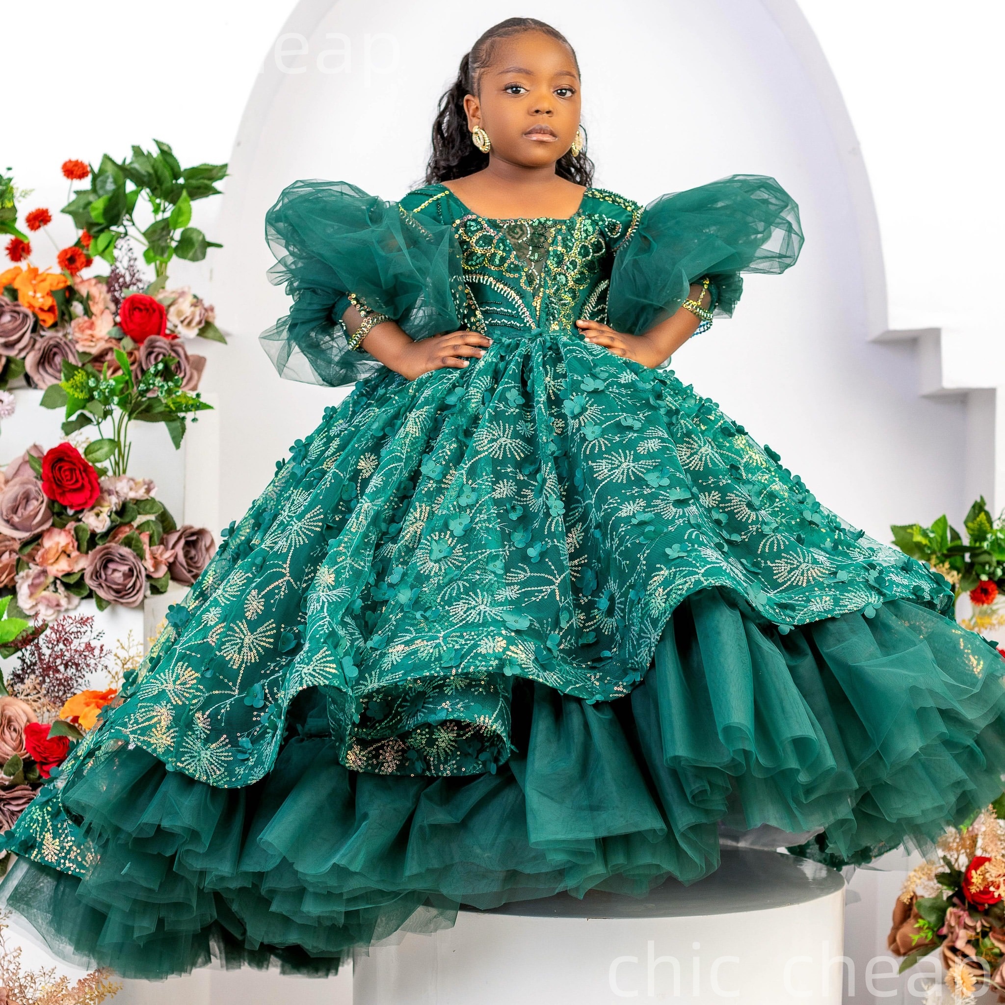 2026 Hunter Green Ball Gown Flower Girl Dresses 3D Floral Lace Long Sleeves Tulle Little Girl Christmas Peageant Birthday Christening Tutu Dress Gowns