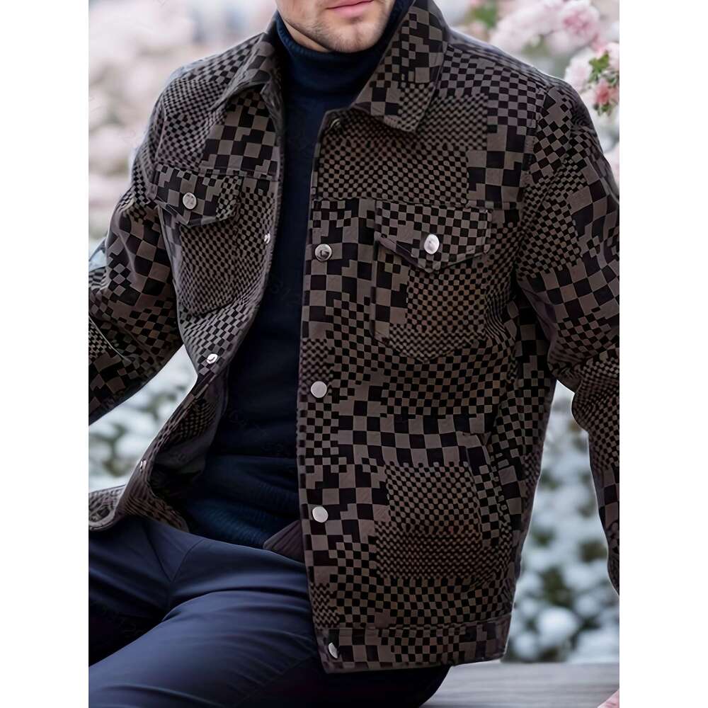 Men's Coat Polyester Men's Checkered PU Coat Jacket - Black Brown Houndstooth Pattern, Lapel Collar, Single-Breasted Button Front With Chest