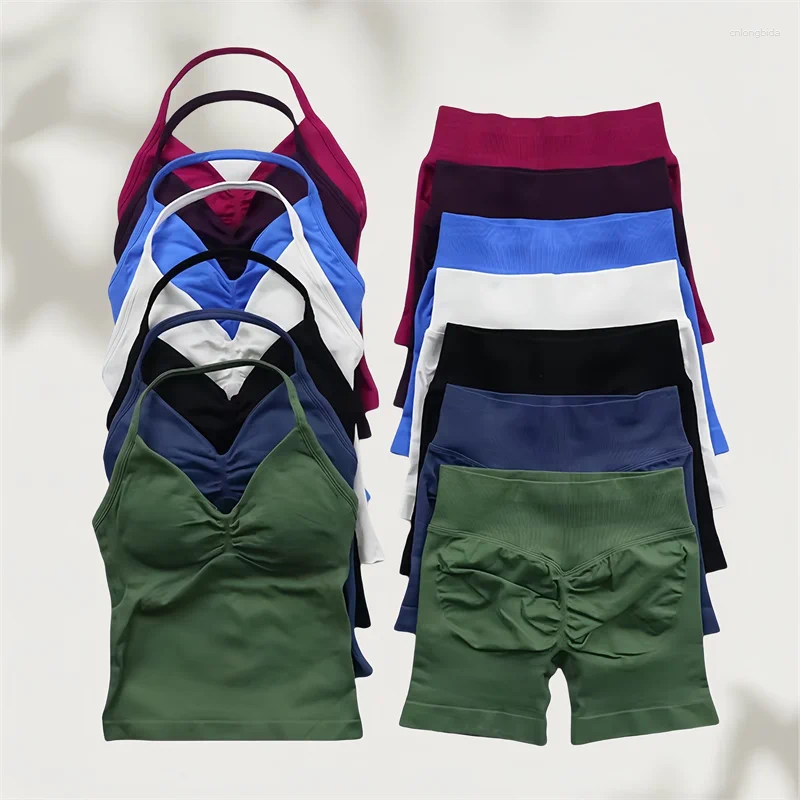 Women's Tracksuits 2 Pieces Women Yoga Set Seamless Impact Longline Strappy Tank Top Scrunch Sports Shorts Gym Clothes Woman Summer Workout