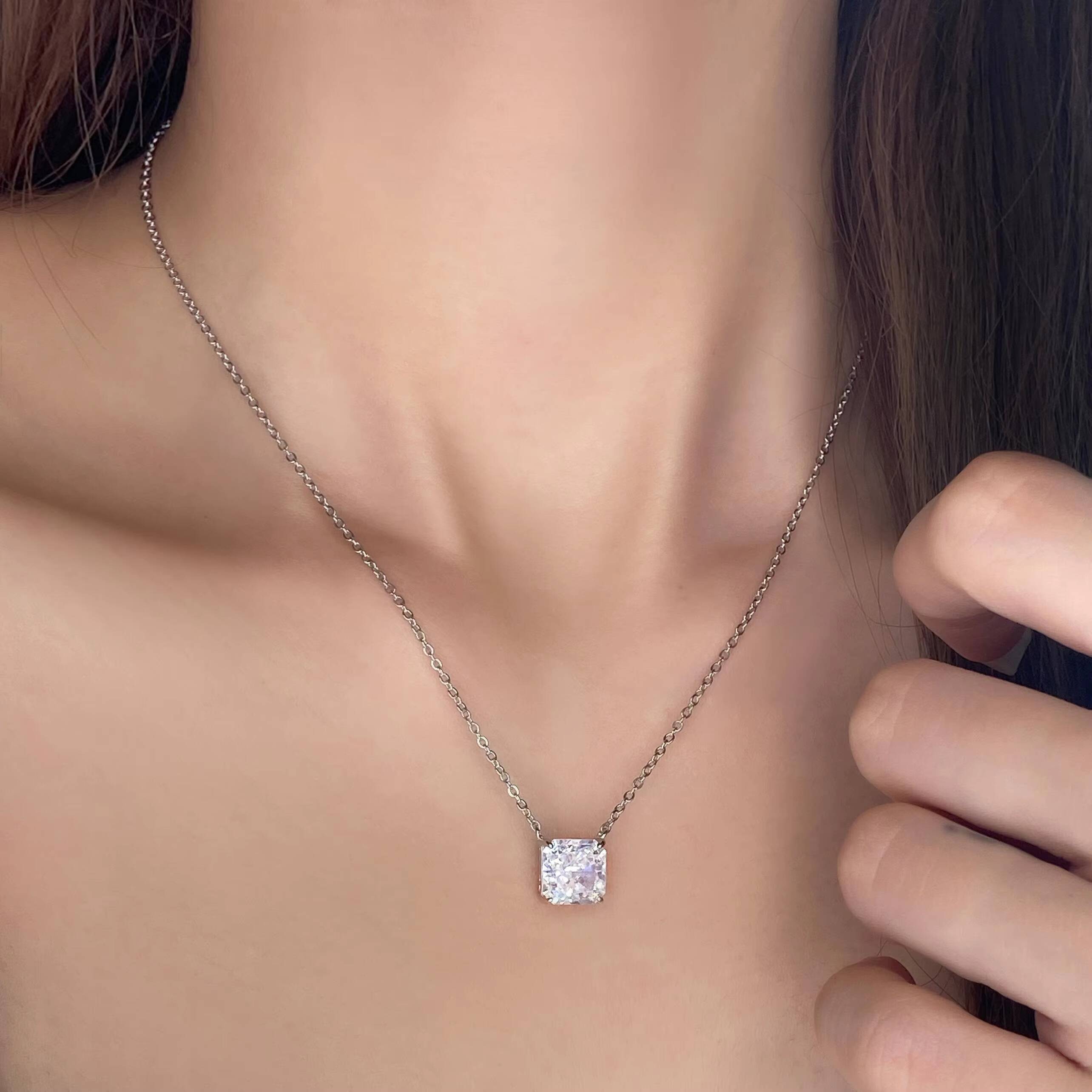 FOXI Ready to Ship Solid 925 Silver Necklace 8A Ice Crushed Cut square Bling CZ 925 Sterling Silver Necklace for Women