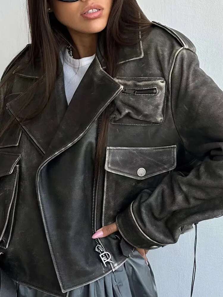 TWOTWINSTYLE Streetwear PU Leather Patchwork Pockets Jackets For Women Lapel Long Sleeve Spliced Zipper Jacket Female Fashion