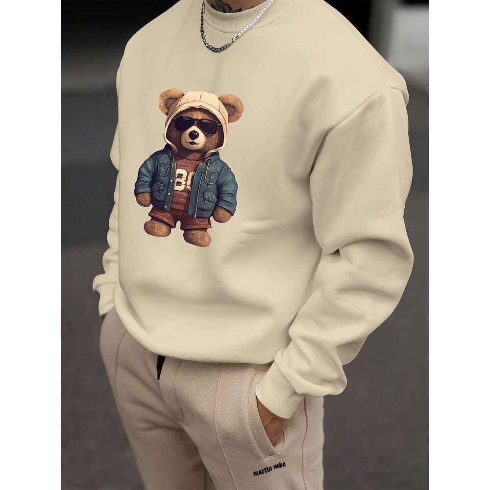 Men's Casual Polyester Sweatshirt With Creative Teddy Bear Print - Crew Neck, Loose Fit, Slight Stretch, Knit Fabric, Long Sleeve Pullover