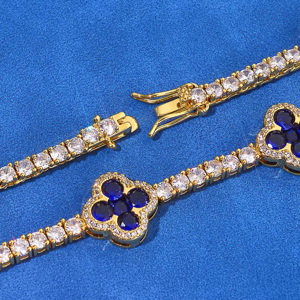 NUOAY Hip Hop Jewelry 3mm Iced Out VVS Moissanite Tennis Chain Four Leaf Clover 925 Silver Necklace Gift for Men Women