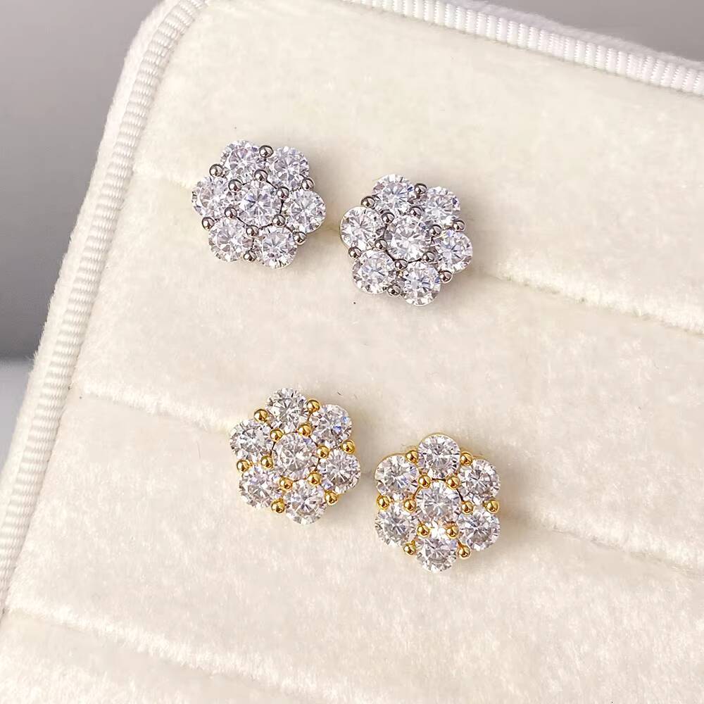 Wholesale Luxury Fashion S925 Sterling Silver Flower Earrings Gold Plated with Full CZ Cluster Studs Zircon Main Stone for Women