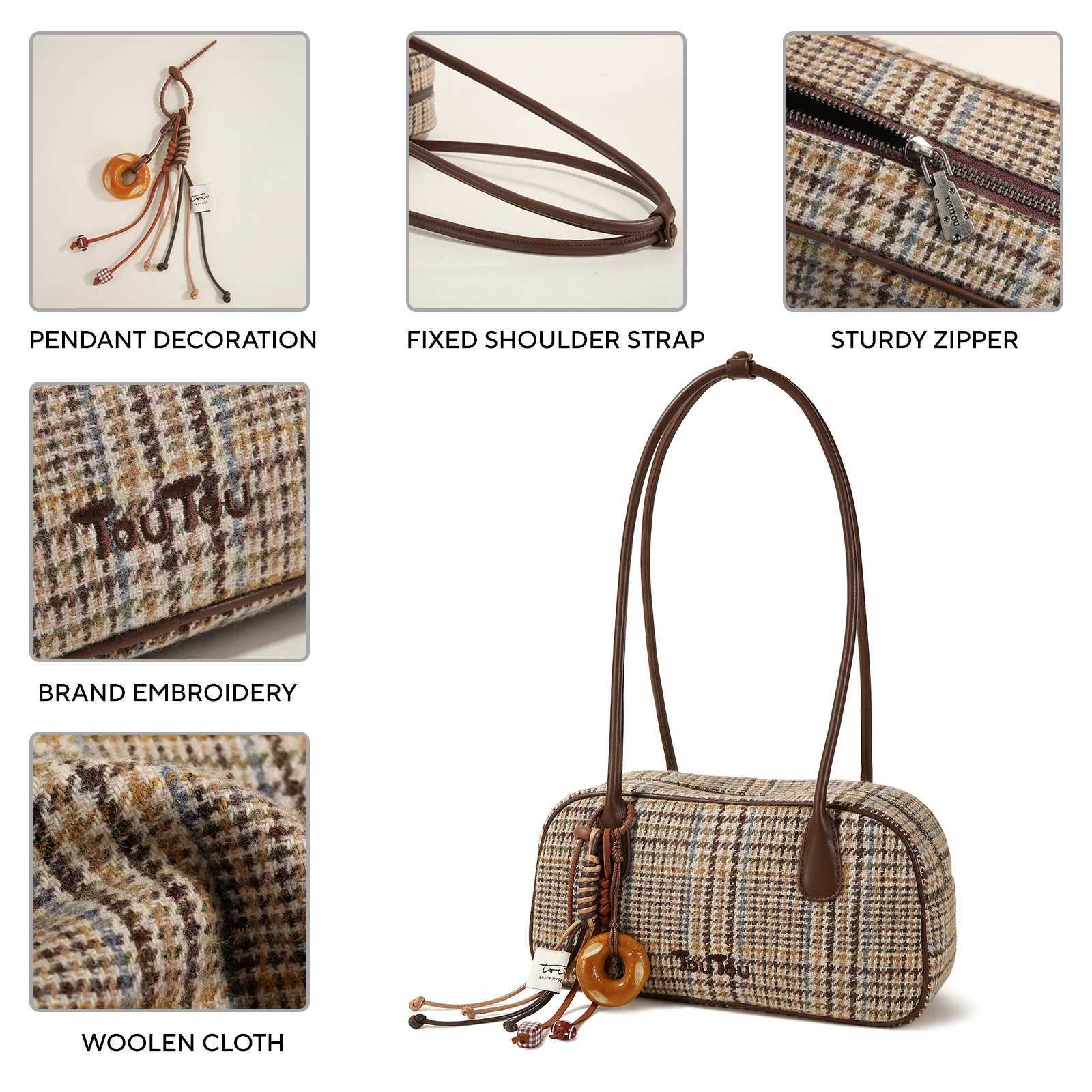 TOUTOU Plaid Woolen Boston Bag for Autumn Women Original Designer Underarm Shoulder Bag Large Bowling Handle Bag Christmas GiftW251115