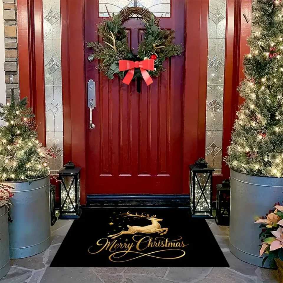 VIKAMA New Christmas Home Decor Doormat Christmas Gold Reindeer Black Carpet Indoor and Outdoor Entrance Welcome Mat Non-SlipM251117
