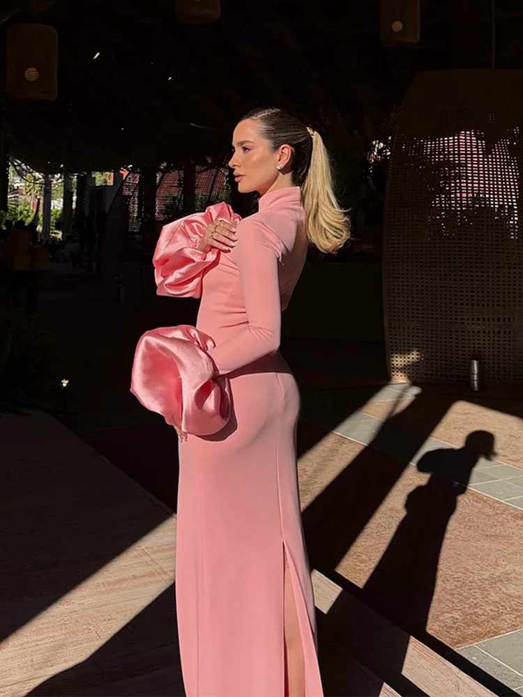 Sweet Pink Skinny Maxi Dresses Women 3d Flowers Long Sleeves Half High Collar High Waist Split Robe Party Evening Gown 251113