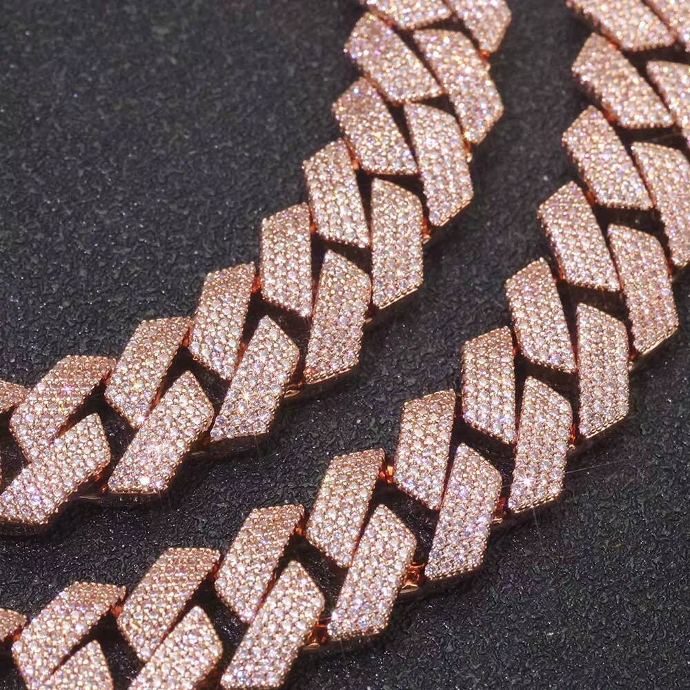 Moissanite Luxury Miami Cuban Link Chain Necklace 15mm 4 Row Iced Out CZ Prong Rose Gold Plated Hip Hop Jewelry