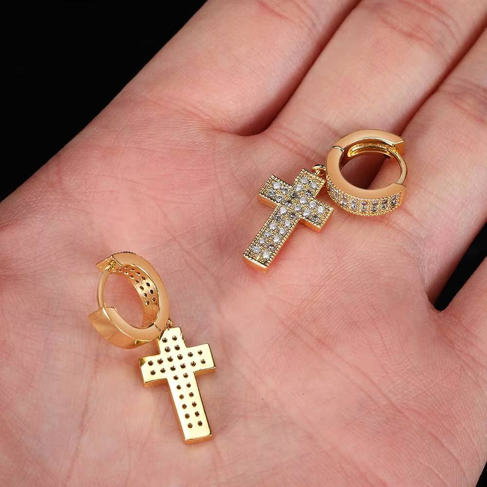 Laboratory cultivation of Moissanite Womens Iced Out Hip Hop Cross Earrings Fine Jewelry Shiny Diamond CZ Hoop Earrings