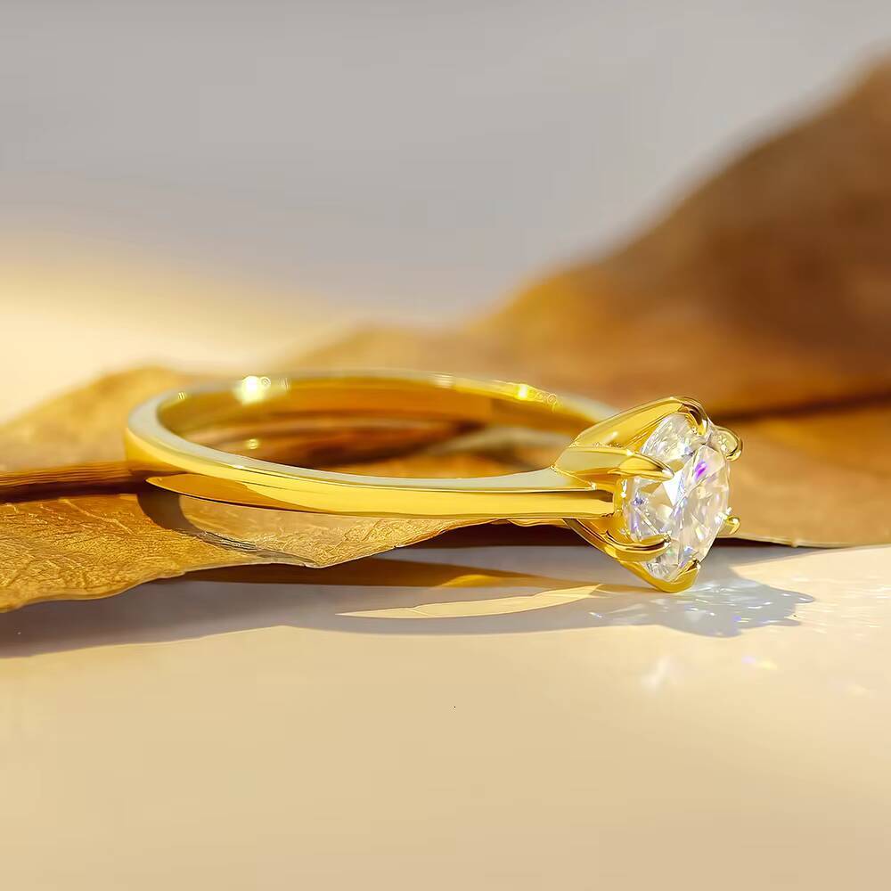 FOXI 18k Gold Plated Ring Six Prong Solitaire Round Brilliant Engagement Ring GRA 925 Sterling Silver Moissanite Wedding Ring