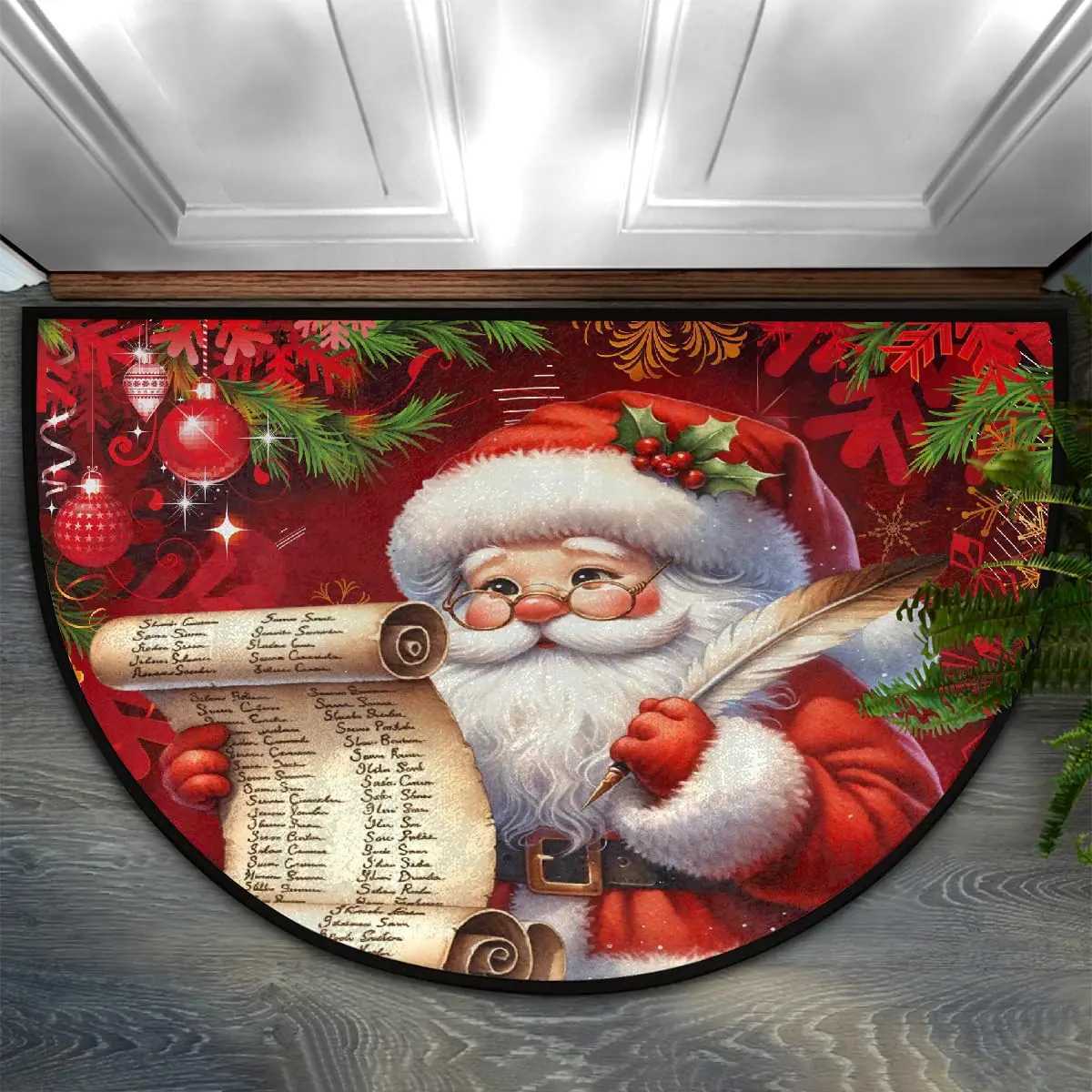 VIKAMA Christmas Old Man Red Half Round Door Mat Non Slip Washable Semi Circle Area Rug Absorbent Soft Half Moon Rug Home DecorM251117