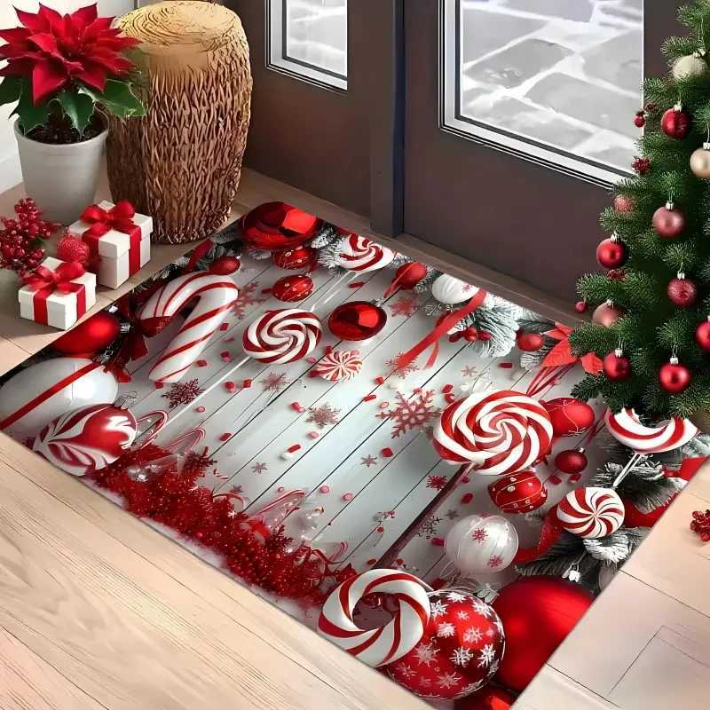 Red And White Candy Crutches With Gingerbread Christmas Doormat Soft Plush Front Door Kitchen Living Room Holiday Home RugM251117