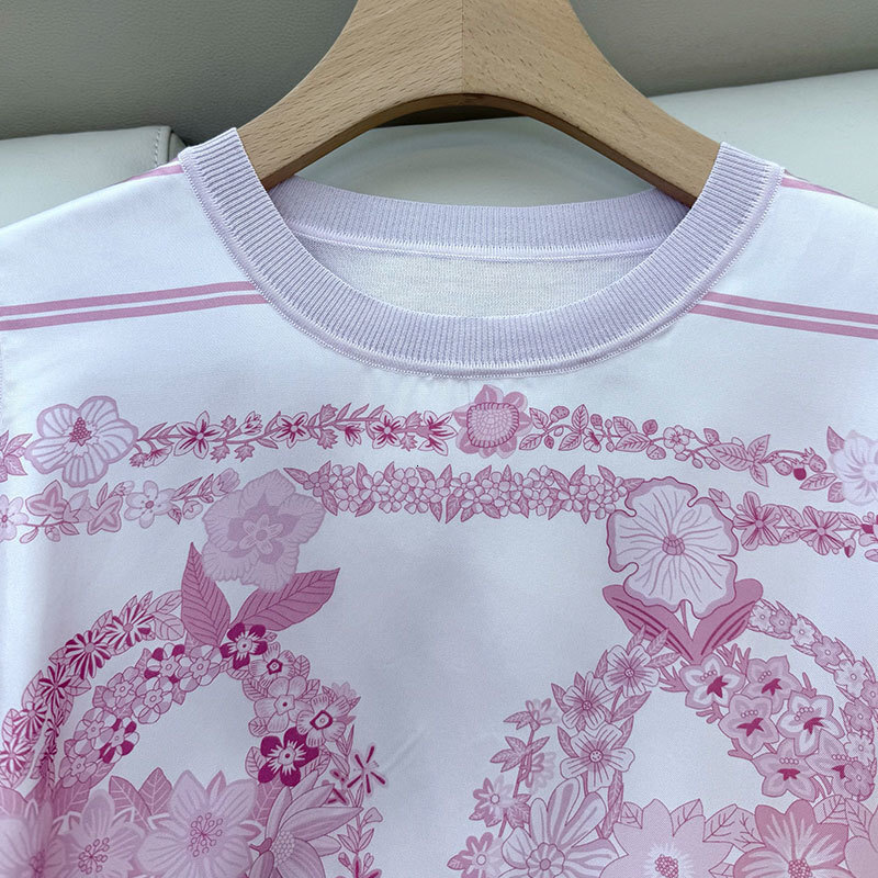 Women's Floral Print Silk T-Shirt Fashion Round Neck Multi-Color Loose Short Sleeve Top High-Quality Trendy Sexy Streetwear Luxury Designer Knit 